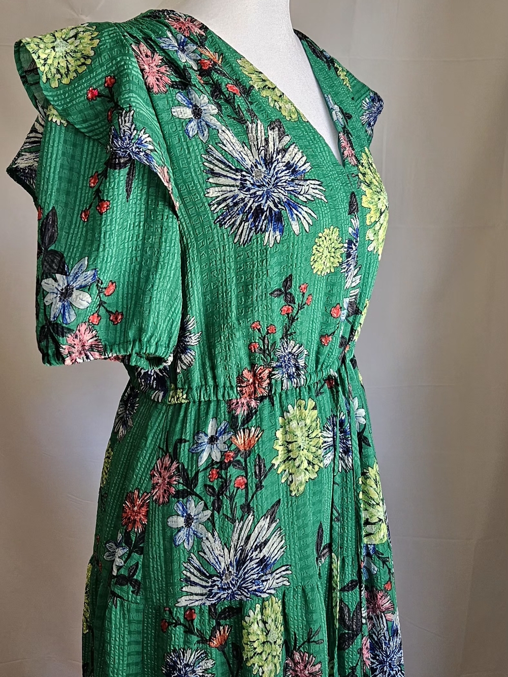 ​LOFT Floral Tiered Midi Dress Green Ruffle Sleeve Size XS - Picture 5 of 16